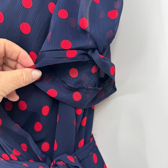 Connected Twisted-Sleeve Fit & Flare Dress Woman’s size medium sheer navy red po - Picture 3 of 14